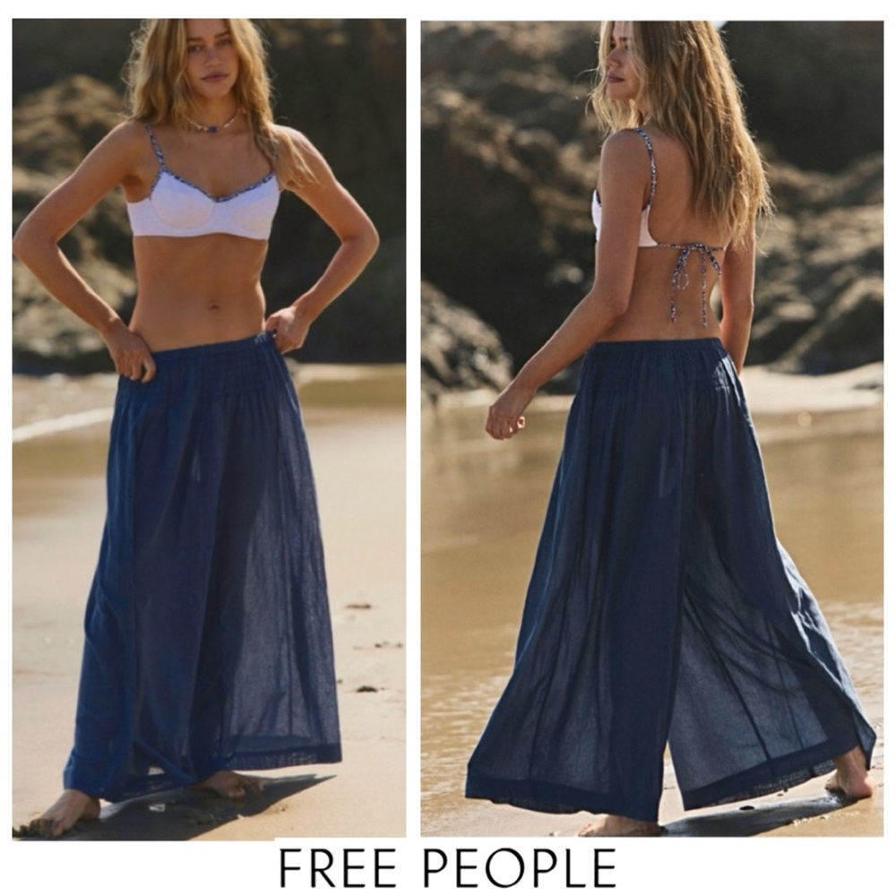 🔥NWTS! FREE PEOPLE Rising Sun Pants M Billowy Wide-Leg Comfy Soft Navy Pants
